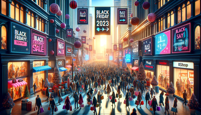 DALL·E 2023-11-08 18.20.58 - Create a wide horizontal image suitable for a web article header, depicting the excitement of Black Friday 2023. The image should show a panoramic vie Черная Пятница 2023